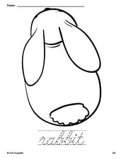 Free printable rabbit coloring page and cursive word tracing worksheet, perfect for preschool, pre-k, and kindergarten, PDF