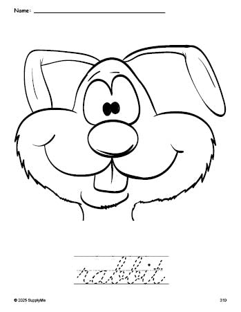 Free printable rabbit coloring page and cursive word tracing worksheet, perfect for preschool, pre-k, and kindergarten, PDF