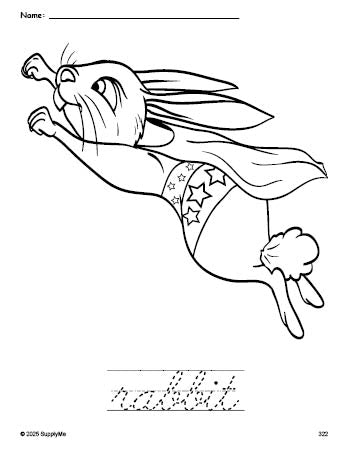 Free printable rabbit coloring page and cursive word tracing worksheet, perfect for preschool, pre-k, and kindergarten, PDF