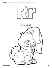 Free printable rabbit coloring page, letter r coloring page for preschool, pre-k, and kindergarten, PDF