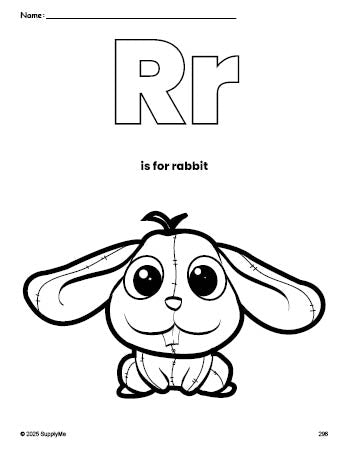 Free printable rabbit coloring page, letter r coloring page for preschool, pre-k, and kindergarten, PDF