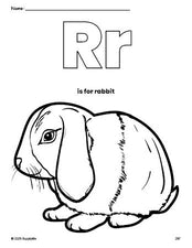 Free printable rabbit coloring page, letter r coloring page for preschool, pre-k, and kindergarten, PDF