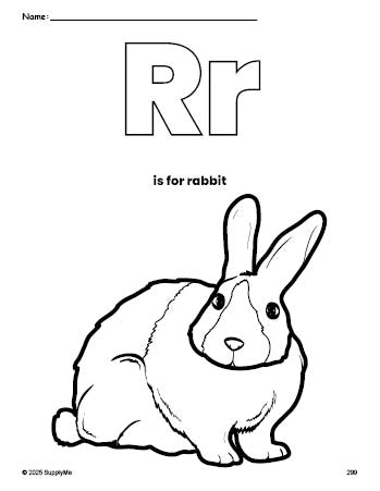 Free printable rabbit coloring page, letter r coloring page for preschool, pre-k, and kindergarten, PDF