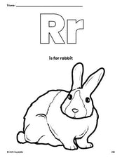 Free printable rabbit coloring page, letter r coloring page for preschool, pre-k, and kindergarten, PDF