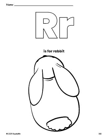 Free printable rabbit coloring page, letter r coloring page for preschool, pre-k, and kindergarten, PDF