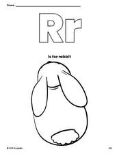 Free printable rabbit coloring page, letter r coloring page for preschool, pre-k, and kindergarten, PDF