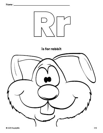 Free printable rabbit coloring page, letter r coloring page for preschool, pre-k, and kindergarten, PDF