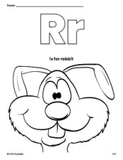 Free printable rabbit coloring page, letter r coloring page for preschool, pre-k, and kindergarten, PDF