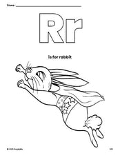 Free printable rabbit coloring page, letter r coloring page for preschool, pre-k, and kindergarten, PDF