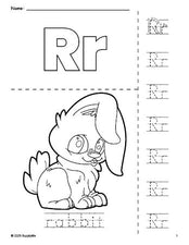 Free printable rabbit coloring page and letter tracing worksheet, letter r worksheet for preschool, pre-k, and kindergarten, PDF