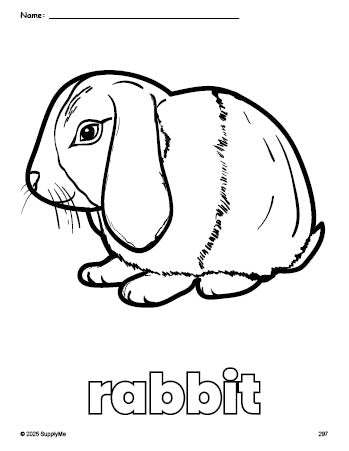 Free printable rabbit coloring page for preschool, pre-k, and kindergarten, PDF