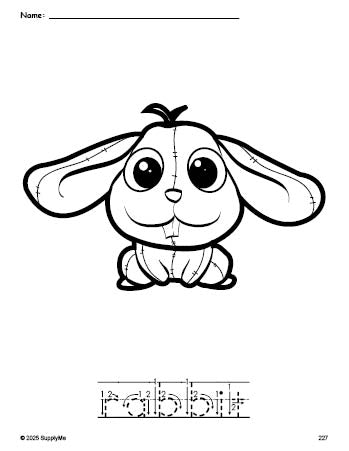 Free printable rabbit coloring page and word tracing worksheet, letter formation guides, perfect for preschool, pre-k, and kindergarten, PDF