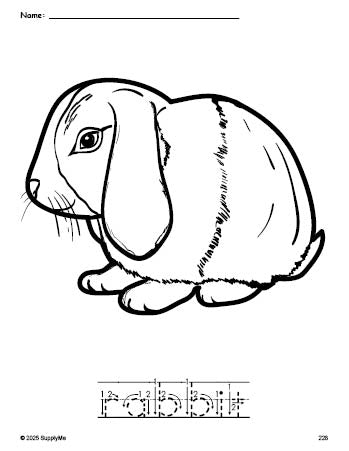 Free printable rabbit coloring page and word tracing worksheet, letter formation guides, perfect for preschool, pre-k, and kindergarten, PDF