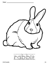 Free printable rabbit coloring page and word tracing worksheet, letter formation guides, perfect for preschool, pre-k, and kindergarten, PDF