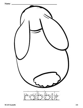 Free printable rabbit coloring page and word tracing worksheet, letter formation guides, perfect for preschool, pre-k, and kindergarten, PDF