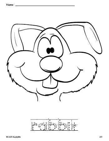 Free printable rabbit coloring page and word tracing worksheet, letter formation guides, perfect for preschool, pre-k, and kindergarten, PDF