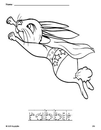 Free printable rabbit coloring page and word tracing worksheet, letter formation guides, perfect for preschool, pre-k, and kindergarten, PDF