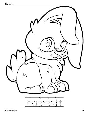 Free printable rabbit coloring page and word tracing worksheet, perfect for preschool, pre-k, and kindergarten, PDF