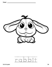 Free printable rabbit coloring page and word tracing worksheet, perfect for preschool, pre-k, and kindergarten, PDF