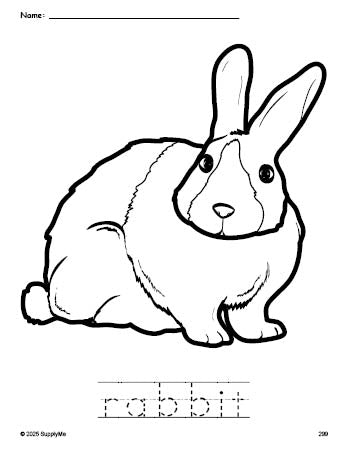 Free printable rabbit coloring page and word tracing worksheet, perfect for preschool, pre-k, and kindergarten, PDF