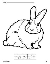 Free printable rabbit coloring page and word tracing worksheet, perfect for preschool, pre-k, and kindergarten, PDF