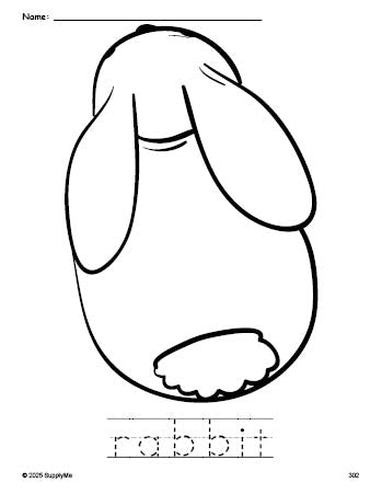 Free printable rabbit coloring page and word tracing worksheet, perfect for preschool, pre-k, and kindergarten, PDF