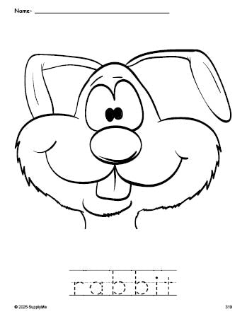 Free printable rabbit coloring page and word tracing worksheet, perfect for preschool, pre-k, and kindergarten, PDF