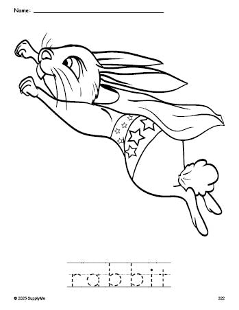 Free printable rabbit coloring page and word tracing worksheet, perfect for preschool, pre-k, and kindergarten, PDF