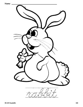 Free printable rabbit Easter coloring page and cursive word tracing worksheet, perfect for preschool, pre-k, and kindergarten, PDF