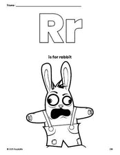 Free printable rabbit Easter coloring page, letter r coloring page for preschool, pre-k, and kindergarten, PDF