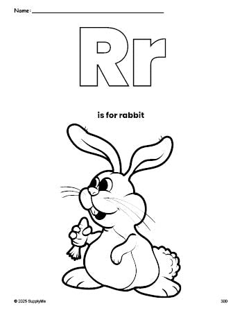 Free printable rabbit Easter coloring page, letter r coloring page for preschool, pre-k, and kindergarten, PDF