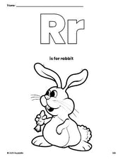 Free printable rabbit Easter coloring page, letter r coloring page for preschool, pre-k, and kindergarten, PDF