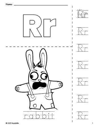 Free printable rabbit Easter coloring page and letter tracing worksheet, letter r worksheet for preschool, pre-k, and kindergarten, PDF