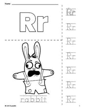 Free printable rabbit Easter coloring page and letter tracing worksheet, letter r worksheet for preschool, pre-k, and kindergarten, PDF