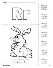 Free printable rabbit Easter coloring page and letter tracing worksheet, letter r worksheet for preschool, pre-k, and kindergarten, PDF