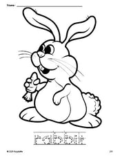 Free printable rabbit Easter coloring page and word tracing worksheet, letter formation guides, perfect for preschool, pre-k, and kindergarten, PDF