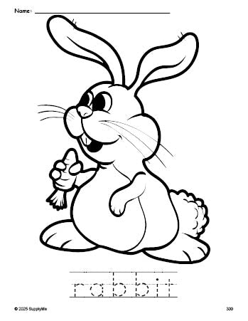 Free printable rabbit Easter coloring page and word tracing worksheet, perfect for preschool, pre-k, and kindergarten, PDF