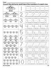 Free printable rabbit counting worksheet for preschool and pre-k with number tracing practice 1-10, PDF