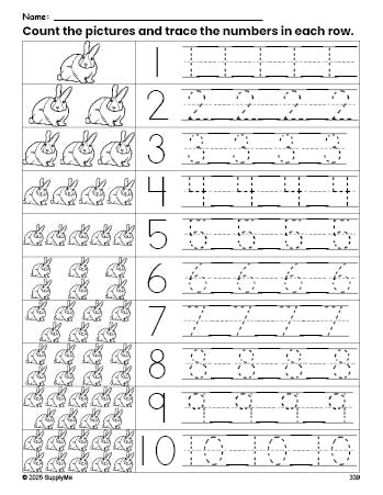 Free printable rabbit counting worksheet for preschool and pre-k with number tracing practice 1-10, PDF