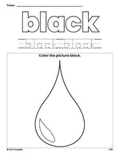 Free raindrop color black coloring page and color worksheet, black worksheet for preschoolers to learn colors, printable PDF