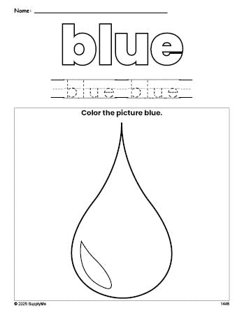 Free raindrop color blue coloring page and color worksheet, blue worksheet for preschoolers to learn colors, printable PDF