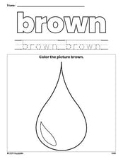 Free raindrop color brown coloring page and color worksheet, brown worksheet for preschoolers to learn colors, printable PDF