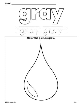 Free raindrop color gray coloring page and color worksheet, gray worksheet for preschoolers to learn colors, printable PDF