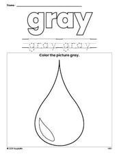 Free raindrop color gray coloring page and color worksheet, gray worksheet for preschoolers to learn colors, printable PDF