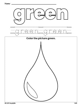 Free raindrop color green coloring page and color worksheet, green worksheet for preschoolers to learn colors, printable PDF