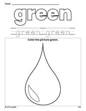 Free raindrop color green coloring page and color worksheet, green worksheet for preschoolers to learn colors, printable PDF