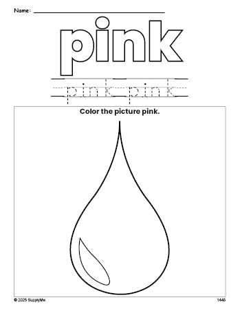 Free raindrop color pink coloring page and color worksheet, pink worksheet for preschoolers to learn colors, printable PDF