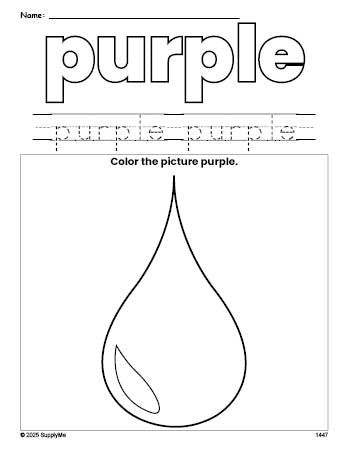 Free raindrop color purple coloring page and color worksheet, purple worksheet for preschoolers to learn colors, printable PDF