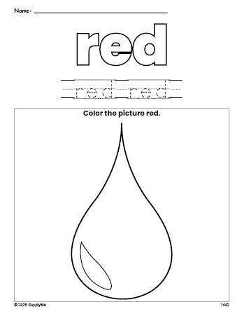 Free raindrop color red coloring page and color worksheet, red worksheet for preschoolers to learn colors, printable PDF