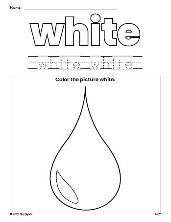 Free raindrop color white coloring page and color worksheet, white worksheet for preschoolers to learn colors, printable PDF